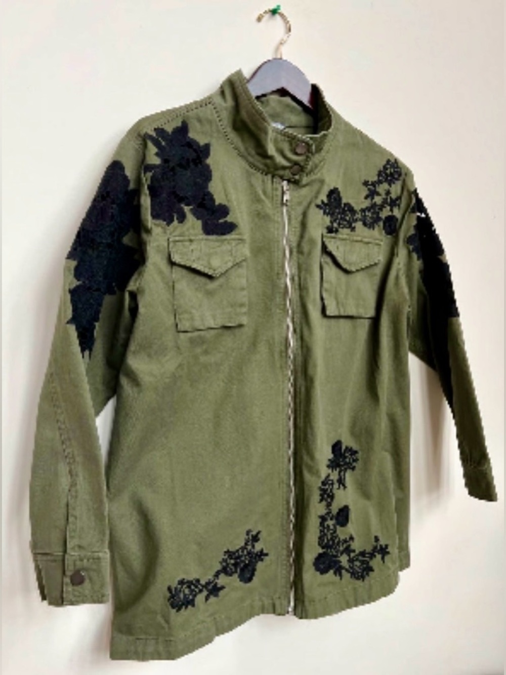 VENUS Olive Green Jacket with Black Floral Design